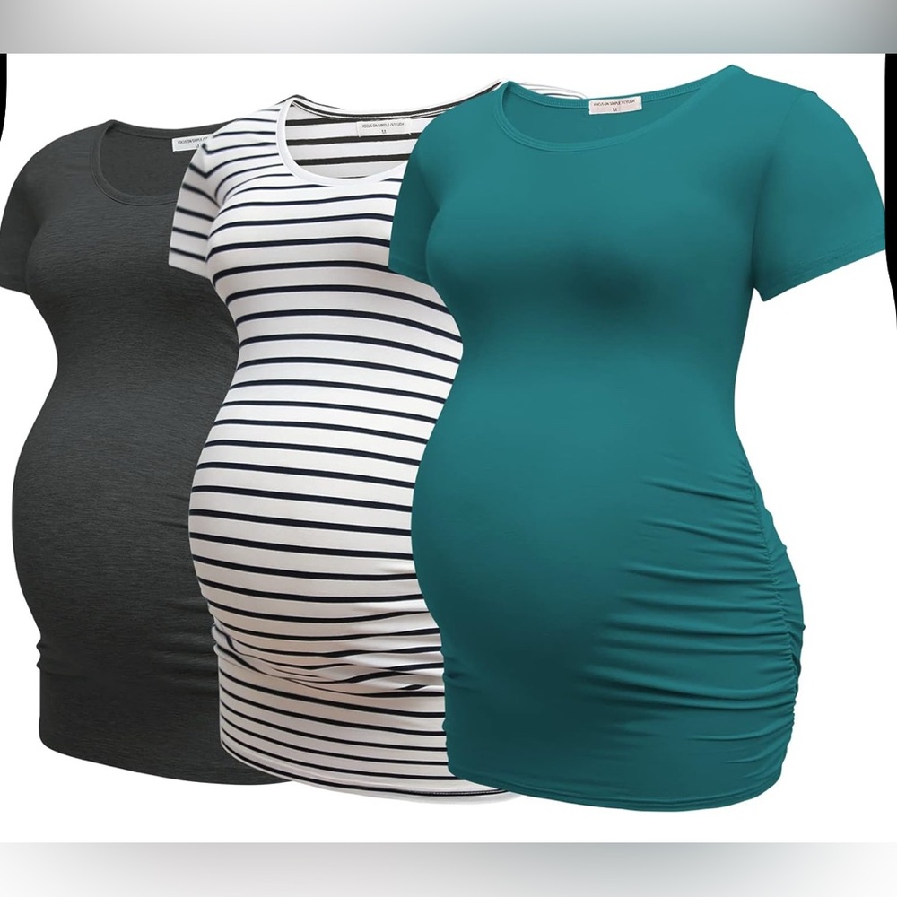 Bearsland 3 Pack: Teal, Black & White Striped Maternity Short-Sleeve Tee Set